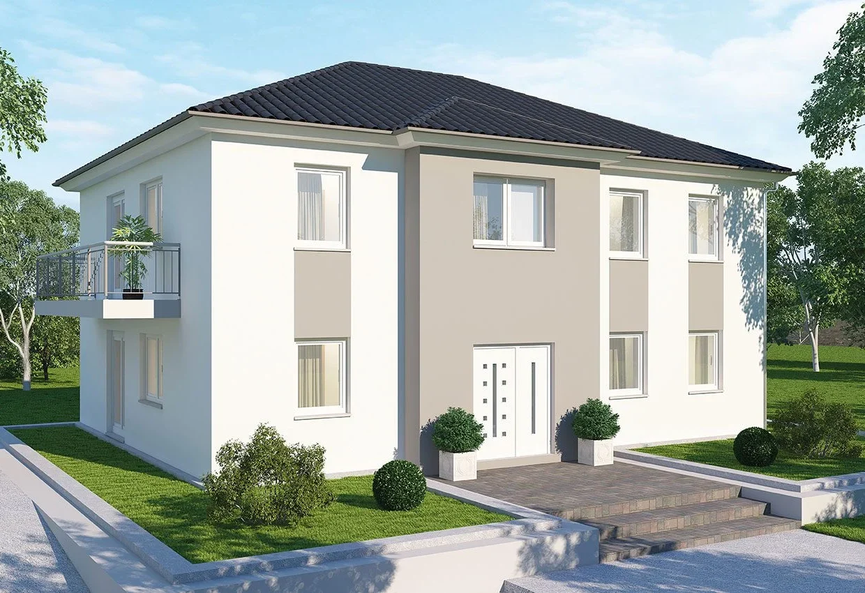 Zweistöckiges Zweifamilienhaus ZH 185 mit weißer Fassade, dunklem Walmdach und gepflegtem Garten mit weißem Auto in Einfahrt