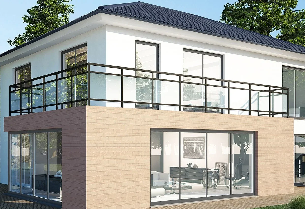 Modernes zweistöckiges Zweifamilienhaus mit weißer Fassade, Holzverkleidung und großer Terrasse mit Balkon