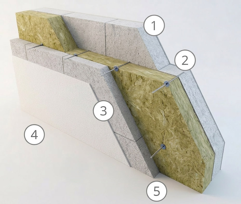 Schichtaufbau einer Climapro Massivwand mit nummerierten Baustoffen und gelber Mineralwolldämmung